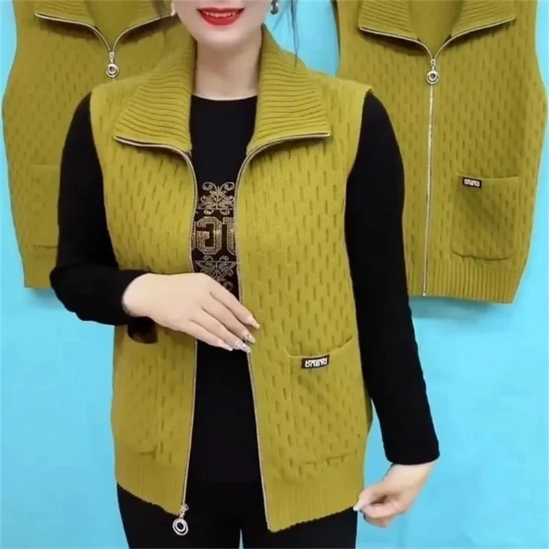 2024NEW Spring Autumn Lapel Knitted Cardigan Sweater Vest Coat Ladies Fashion Solid Zipper Sleeveless Jacket Women Waistcoat 5X