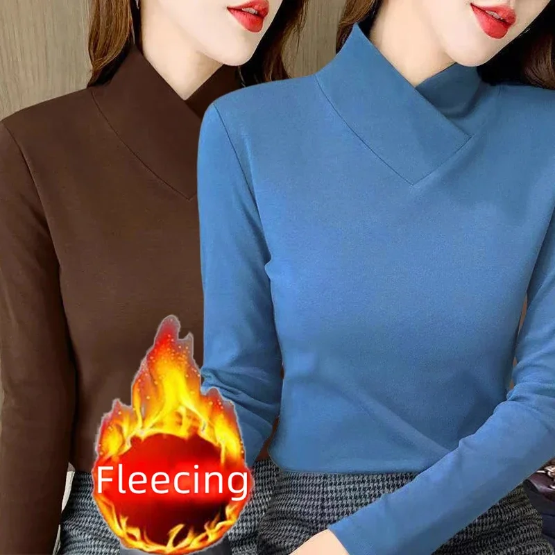 

Autumn Winter Fleecing Matching Basic Tops Half High Collar Shirt And Blouse Long Sleeve T-shirt for Women Sweet Elegance Blouse