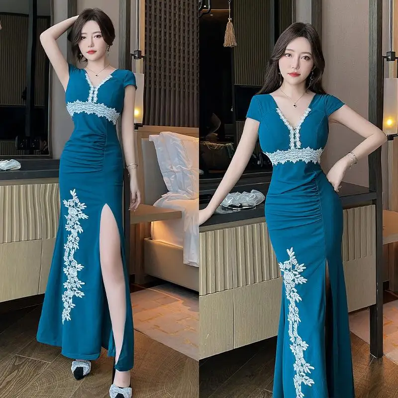 Women‘s  Uniforms Staff Reception Work Clothes Beauticians Spa Therapists Massage Technicians Desk Sexy Slit Long Dresses