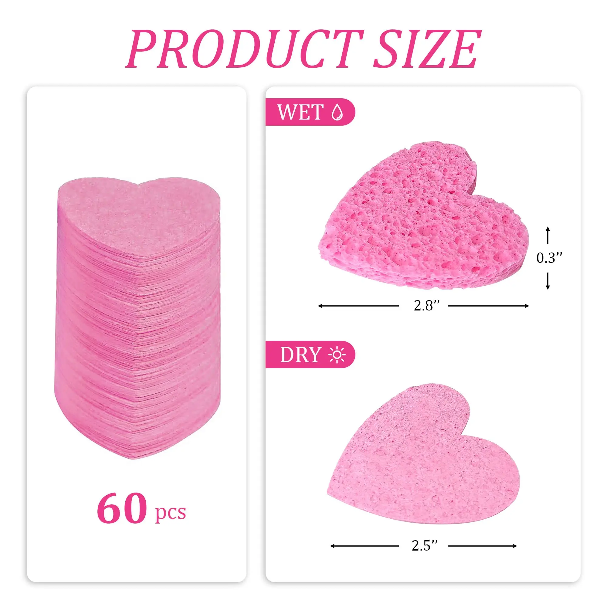 60-Count Compressed Cellulose Heart Shape Facial Sponges 100% Natural Cosmetic Spa Sponges for Facial Cleansing Exfoliating