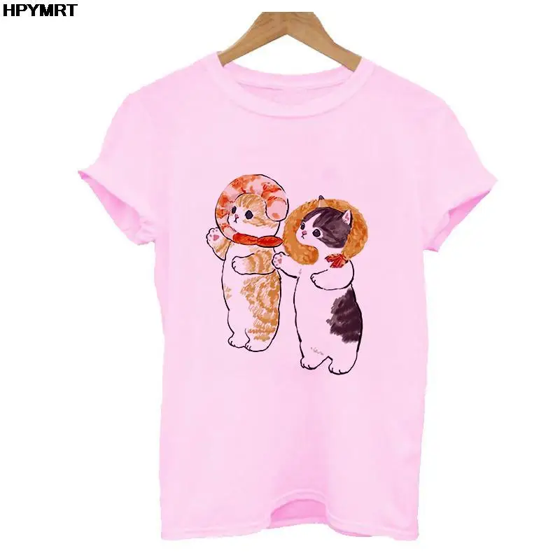 Camiseta de manga corta con dibujos de gato para mujer, remera de gran tamaño, playera blanca y rosa, ropa informal de calle para mujer 2022