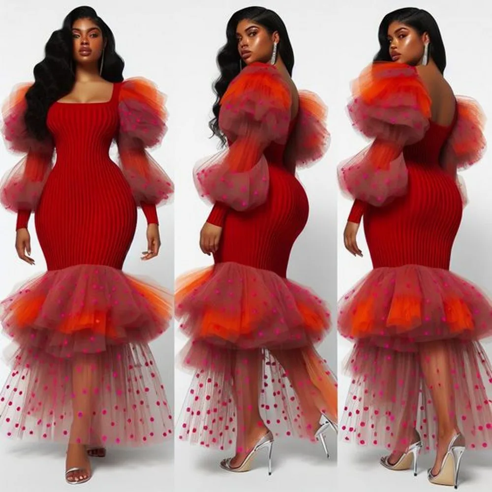 

Newest African Stretchy Mermaid Maxi Dresses Puffy Sleeves Ruffles Dot Tulle Ankle Length Women Maxi Dresses