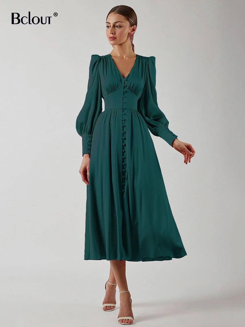 Bclout Vintage V-Neck Satin Long Dress Women 2024 Elegant Puff Sleeve Single Breasted Dresses Solid Party Pleated Dresses Female