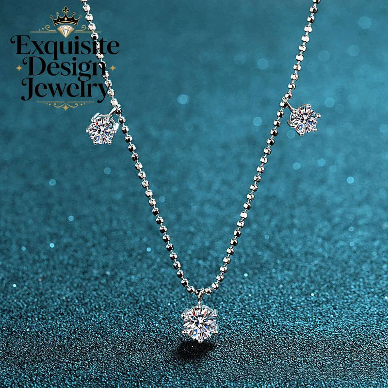 Exquisite Platinum PT950 Blinking 6-Prong 3.2-Carat Mossanite Necklace, Scalloped Diamond-Set Collar Necklace for Women