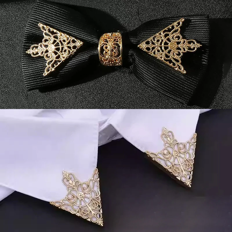 Retro Silver Gold Color BowTie Buckle And Metal Triangular Hollowed Out Brooches Dot Formal Shirt Clothing Jewelry Accessories