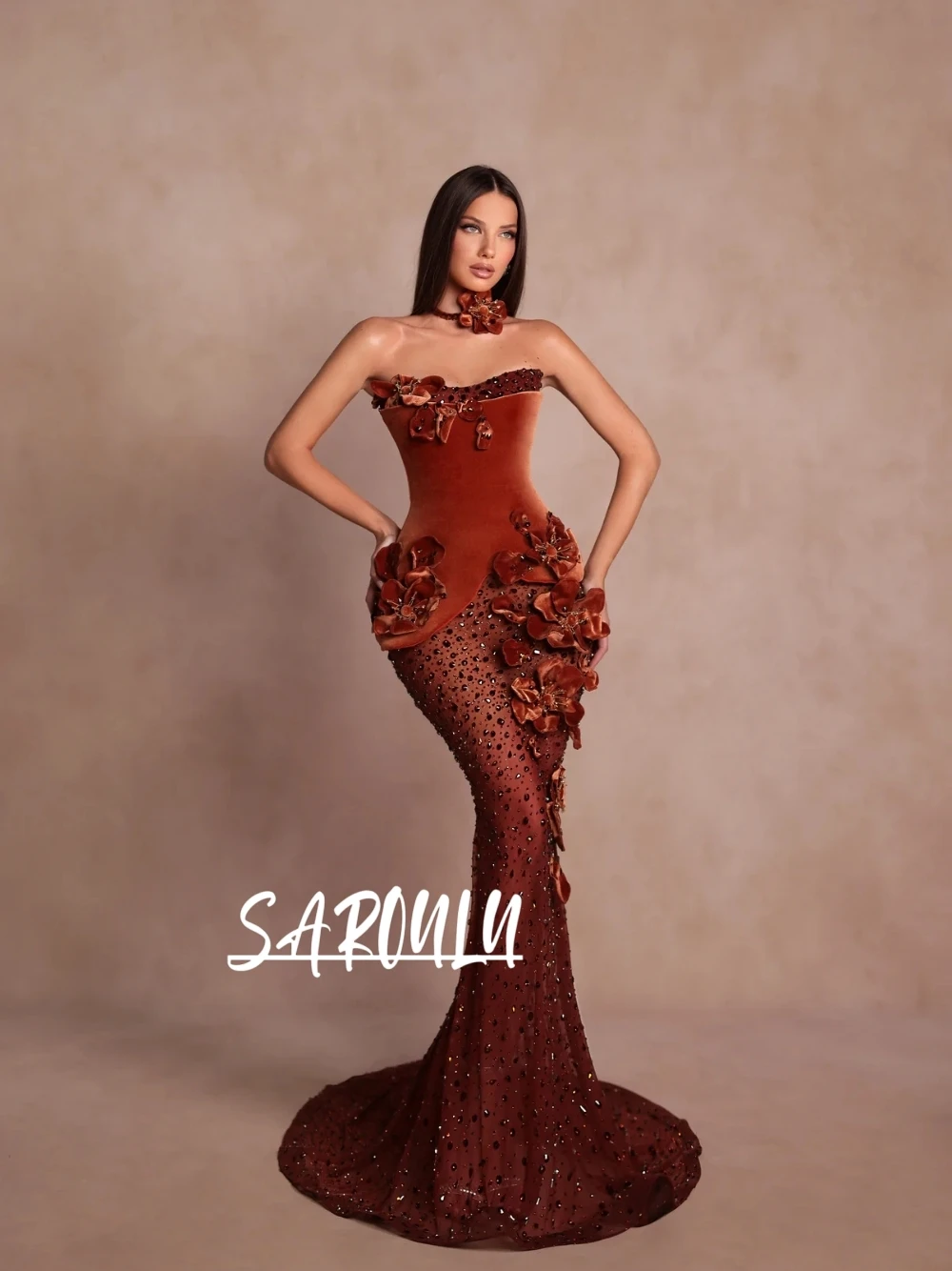 

High-end Velvet 3D Floral Beaded Mermaid Prom Dress Dainty Exquisite Strapless Formal Customized Evening Gown With Train