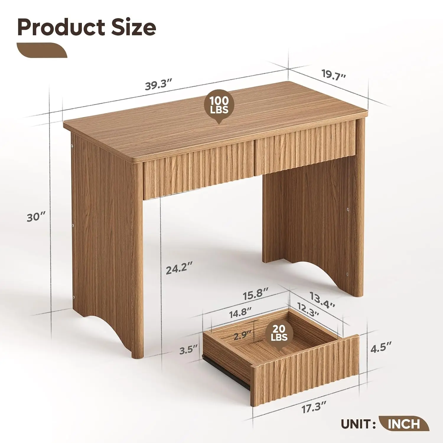 40-Inch Fluted Wood Computer Desk with 2 Silent Drawers, Light Wood | Vertical Fluted, 2 Storage Drawers Silent, Customized