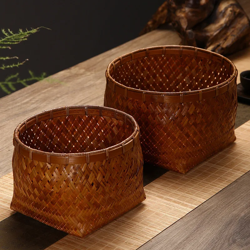 Cesta de almacenamiento de bambú redonda tejida a mano, contenedor de organización del hogar Vintage para mesa de centro, decoración de escritorio, caja de baratijas de ratán Natural