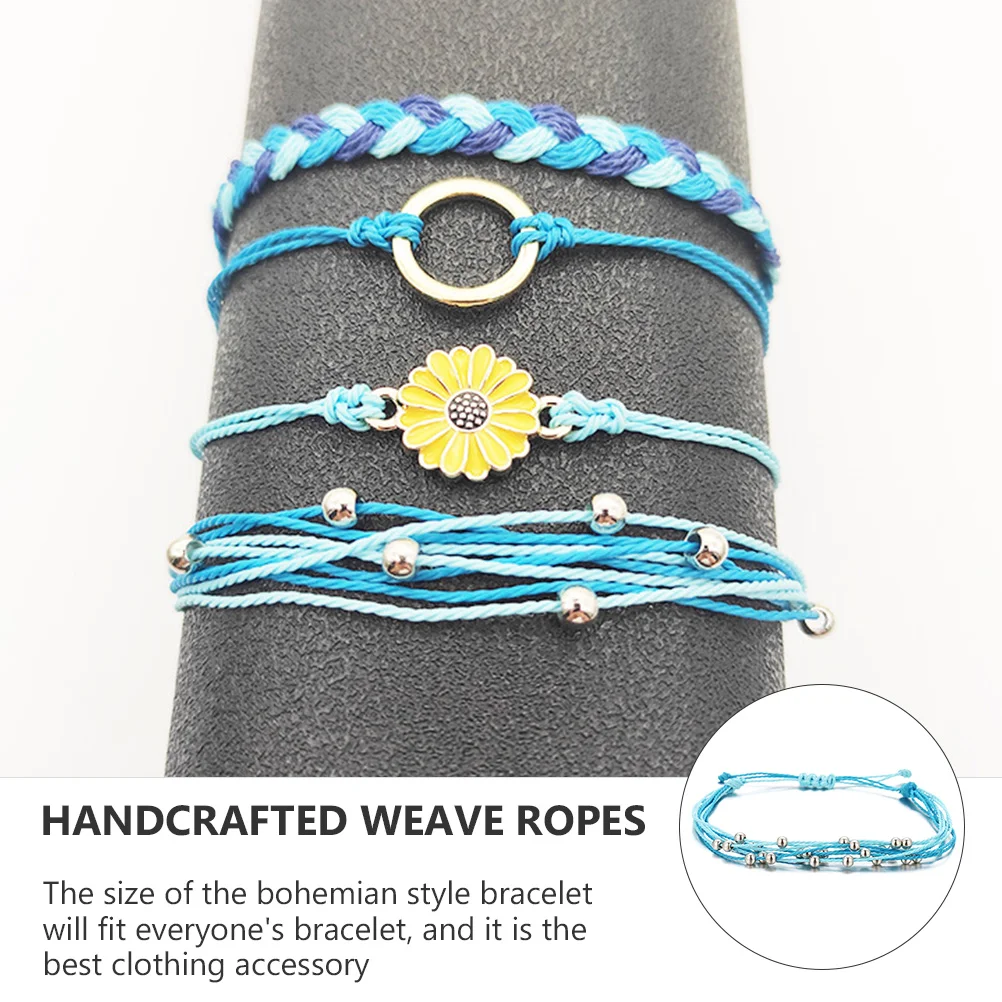 4 Pcs Sunflower Bracelet Handmade Bracelets Adjustable Chain to Weave Bohemian Wax Line Lovers