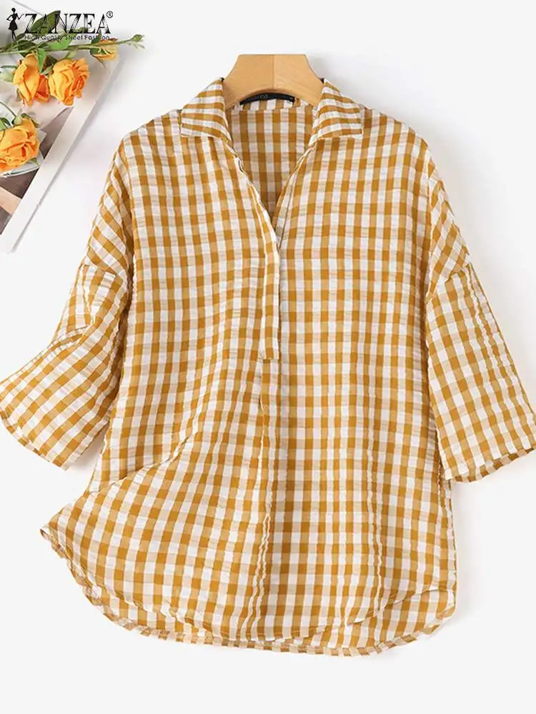 ZANZEA Fashion Summer Lapel Neck 3/4 Sleeve Blouse Women Plaid Checked Tops Elegant Work Shirt Casual Loose Holiday Blusas Tunic