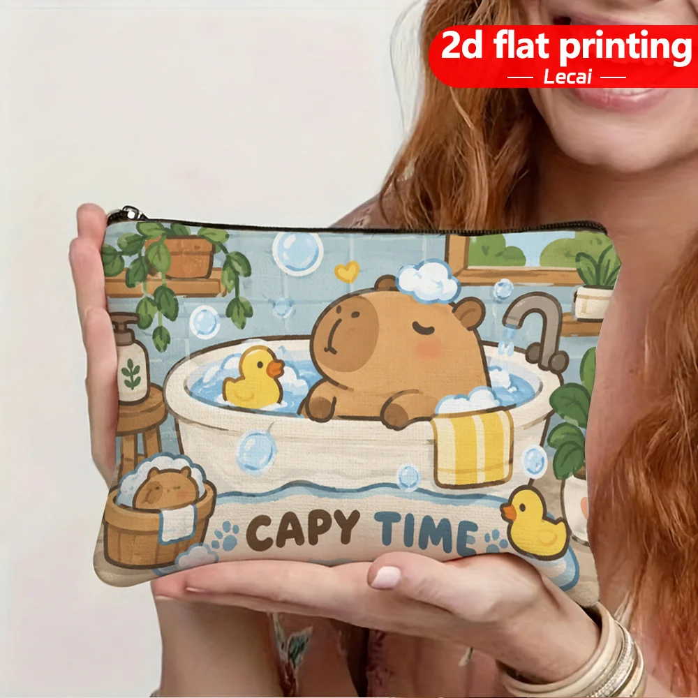 Capy Time Cosmetic Bag Cute Bathing Capybara Rubber Duck Print Zipper Pouch Women Travel Makeup Storage Gift For Women