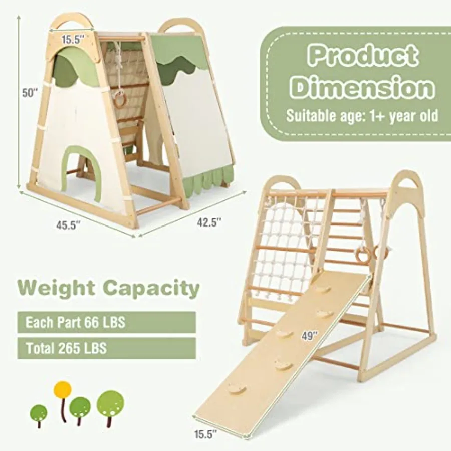 Indoor Playground 7in1 Toddler Montessori Climbing Toys Playset w Removable Tent Slide Climbing Rock Net and Ladder Monkey Bars