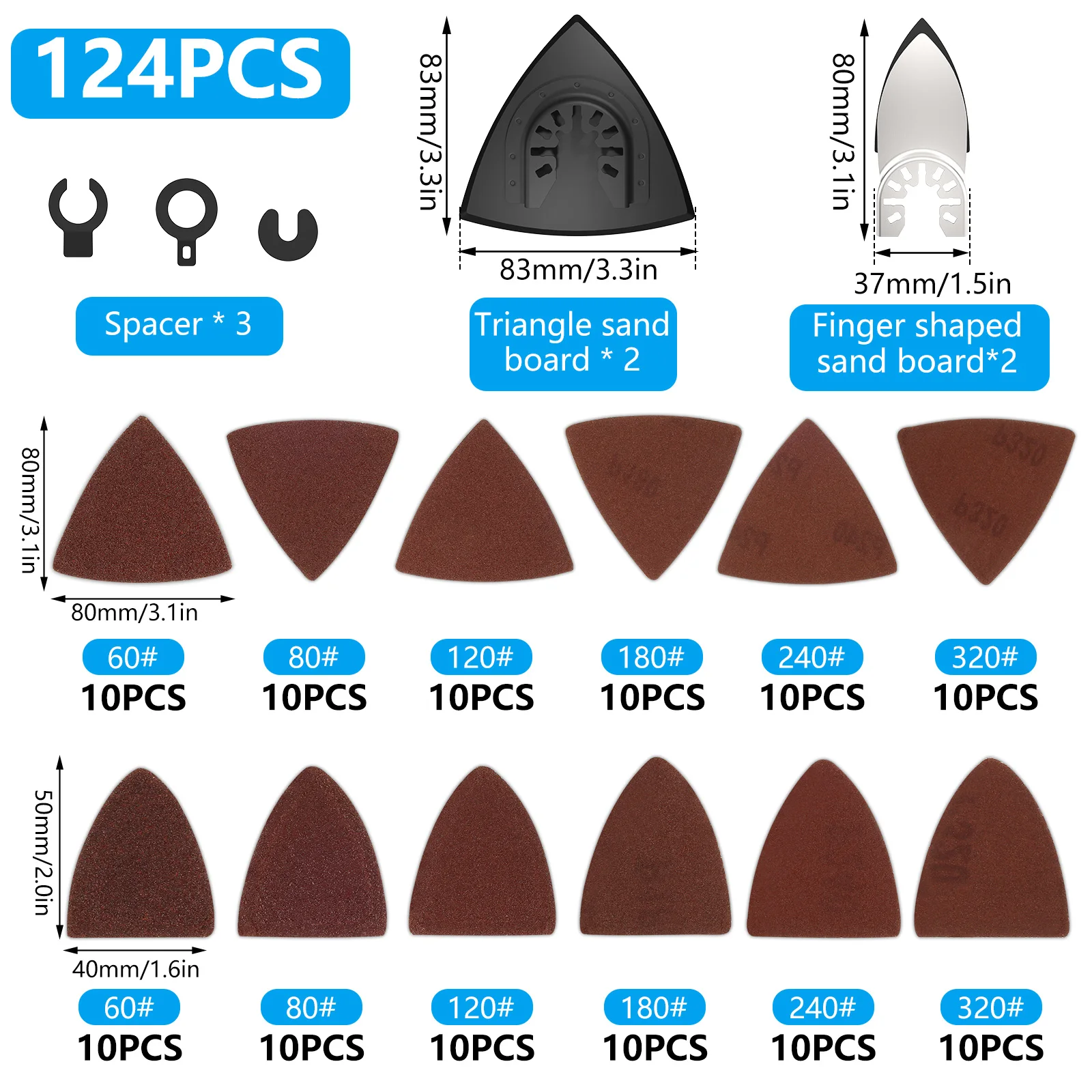 65-124PCS Set Oscillating Tool Sanding Pads Multifunctional Triangle Hook Loop Sandpaper Power Tool for Wood Metal Plaster