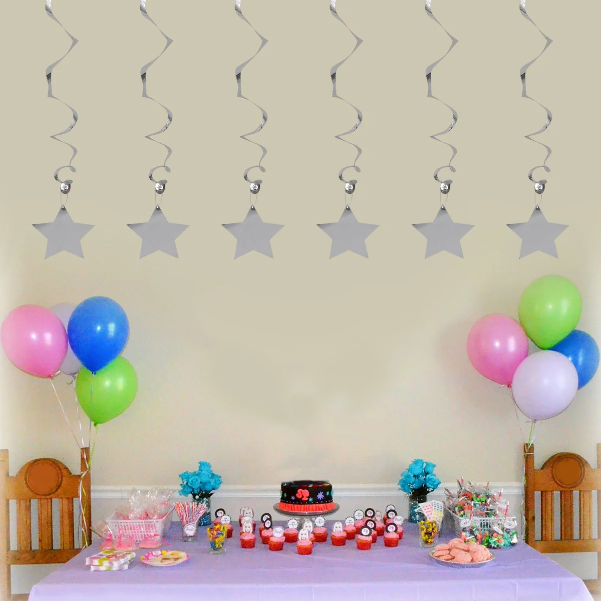 

6Pcs PVC Spiral Decorations Silver Sequin Pentagram Shaped Hanging Swirls for Wedding Birthday Party Decor Indoor Outdoor Photo