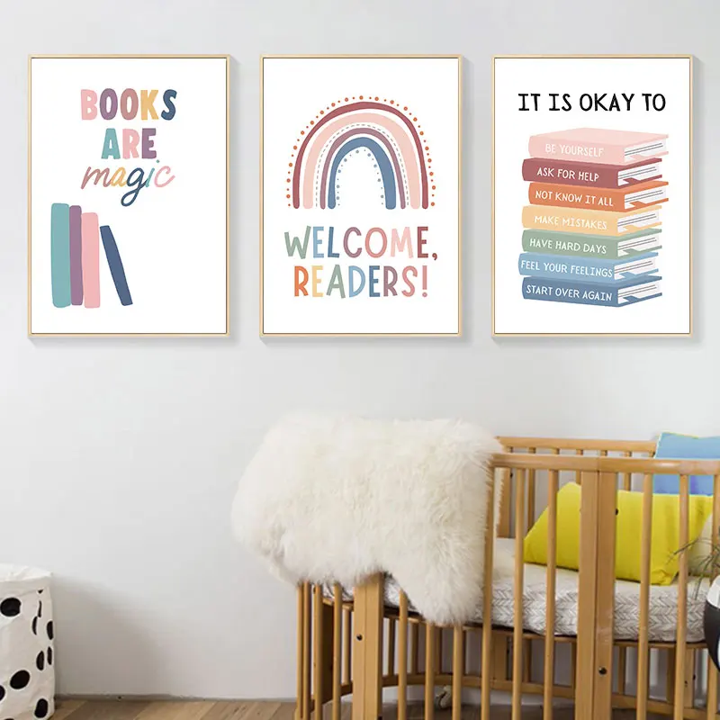 Modern Readers Today Leaders Tomorrow Quotes Canvas Poster Colorful Books Pattern Picture for Home Kids Room Wall Decor 3