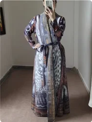 Miyake Pleated Turndown Collar Vintage Printed Long Sleeve Dress Women 2024 New Original Designer Abaya Fashion Classical Coats