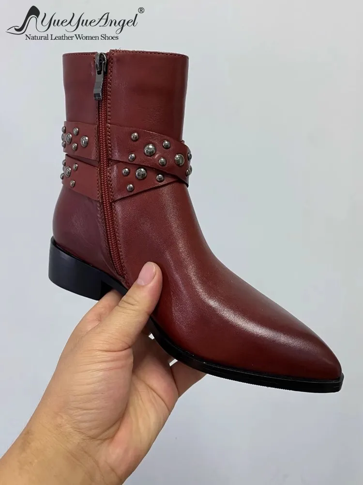 Handmade Women Pointed Toe Rivets Cross Strap Ankle Boots High Top Cowhide Genuine Leather Shoes Biker Block Heels Modern Shoes