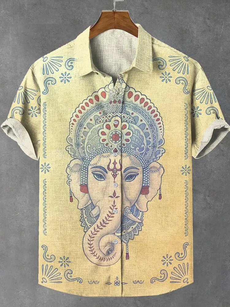 Retro men's new divine elephant print pattern casual short sleeved shirt, high-quality linen comfortable material top