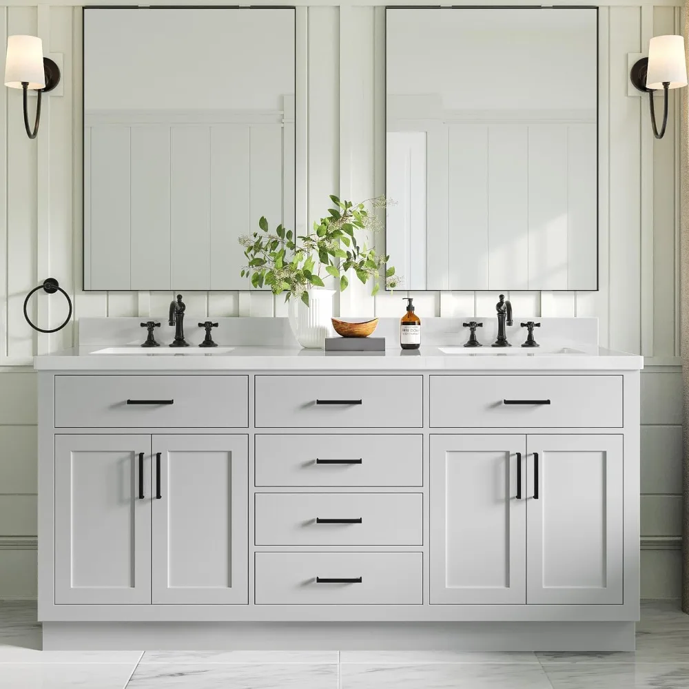 

Bathroom Vanity 73", 1.5" Edge Pure White Quartz Countertop & Splash,4 Soft Closing Doors, 6 Full Extension Dovetail Drawers