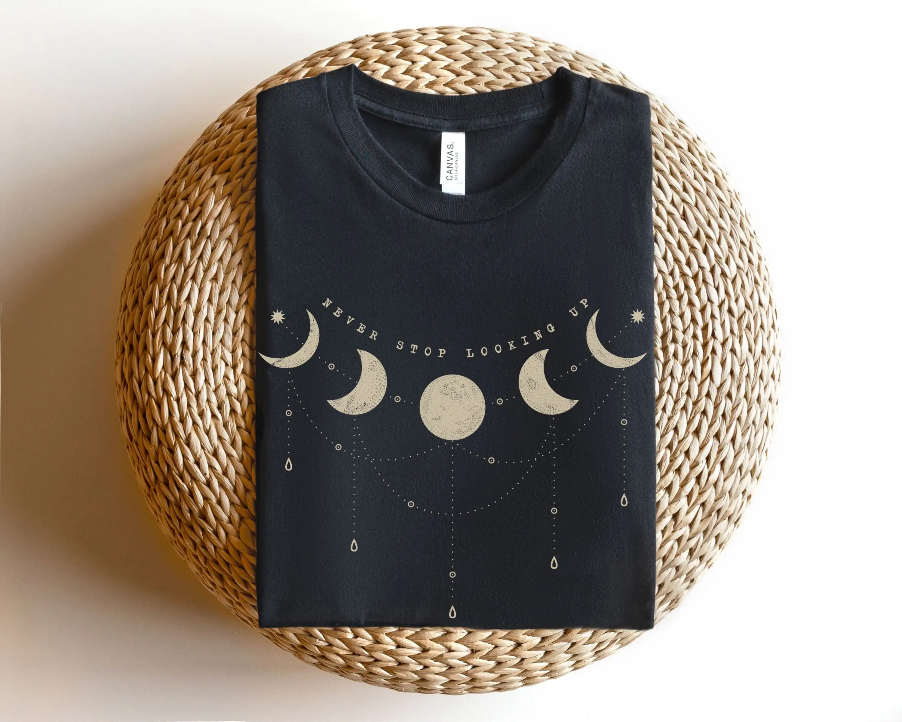 Moon Phase T Shirt Celestial Pendant Crescent Outer Space Inspirational Quote Never Stop Looking Up Astrology