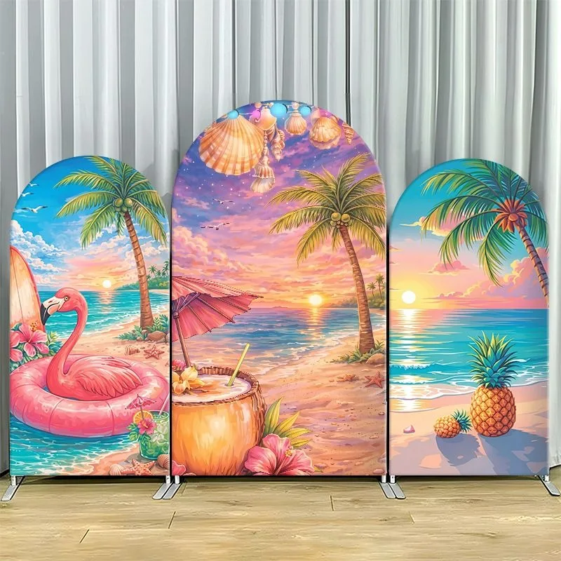 Elastic Double-layer Arch Backdrop Cover Tropical Beach Paradise Backdrop Set with Pink Flamingo Float Palm Trees Sunset Ocean