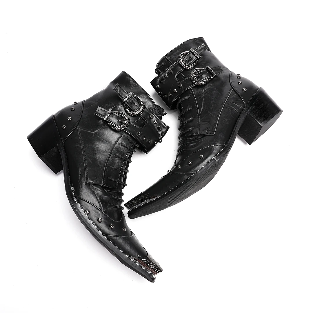 Italian Men Genuine Leather Black Shoes Cowboy Double Buckle Strap Ankle Boots Winter Dress Business Shoes Hombres Botas Size 47