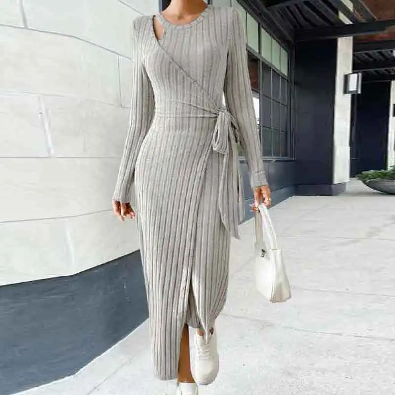 

Autumn Winter Slim Fit Knitted Dress Women Casual Solid Round Neck Long Sleeve Tie Up Waist Elegant Women Long Winter Dress 2024