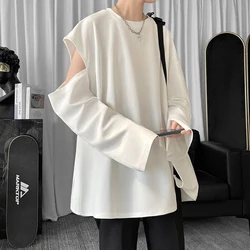 Cold Shoulder Side Slit Solid Unisex Summer Casual Long Sleeve Men Clothes Trendy Fashion Oversized Woman Top Japan Streetwear