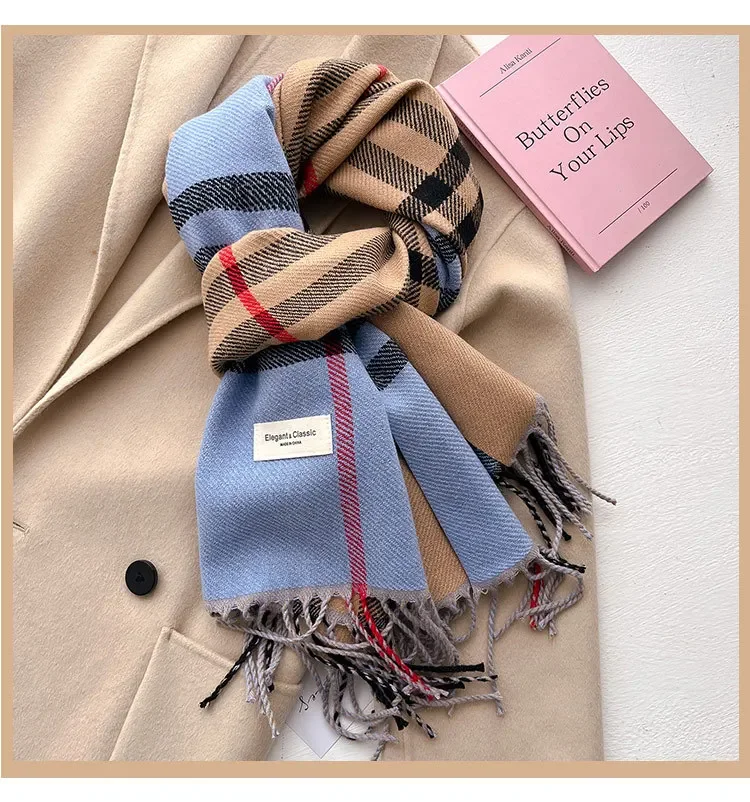 

Шарф на осень и зиму, женский клетчатый двусторонний теплый шарф из искусственного кашемира, длинный студенческий шаль для пар, продвинутый смысл