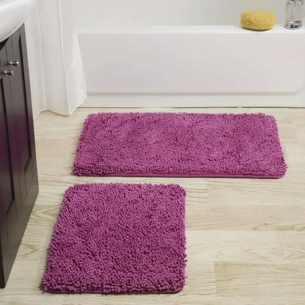 

2-Piece Memory Foam Bath Mat Set - Soft Chenille Shag Top, Machine Washable for Stylish Bathroom Decor (Pink)