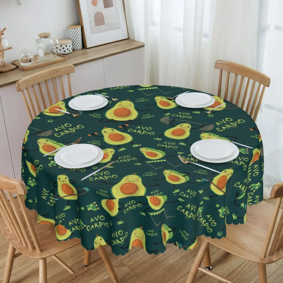 Custom Round Dark Green Avo Cardio Fitness Avocado Pattern Table Cloth Waterproof Tablecloth 60 inches Table Cover for Kitchen