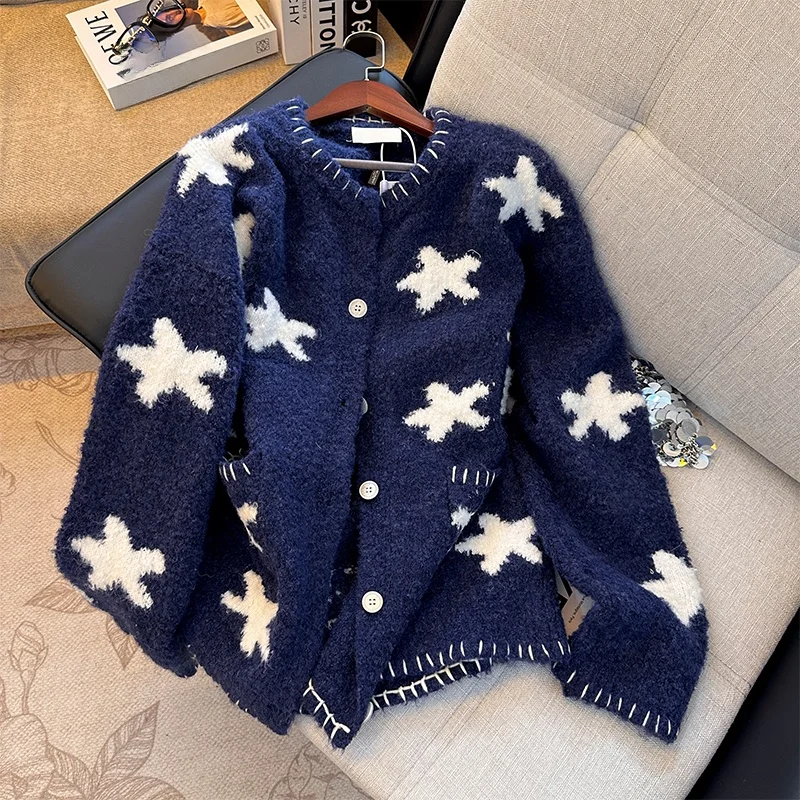 

Retro Color Block Star Knitted Open Cardigan Women's Autumn Winter Casual Lazy Fashion Sweater Jacket Women's Loose Fit Long ...