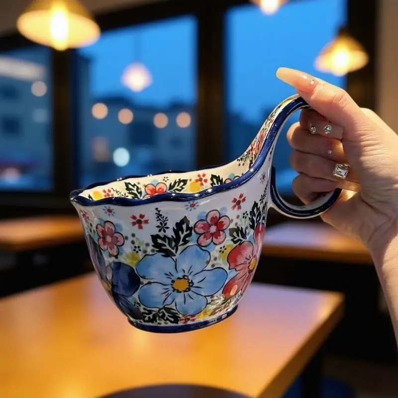 Curved Handle Ceramic Mug, Hand Painted Oatmeal Breakfast Cup, Export Bestseller Coffee Mug Кружка Из Нержавеющей Стали