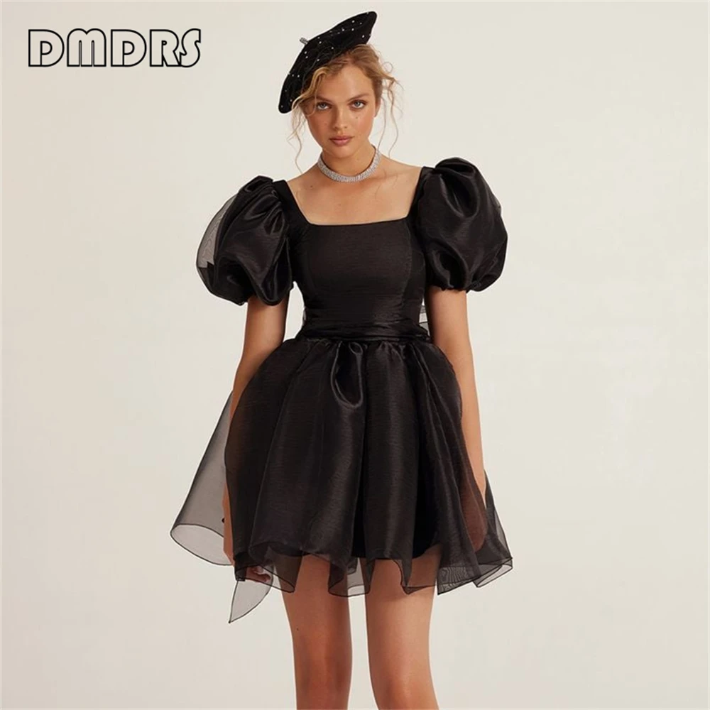 

Little Black Dress for Women, Square Neck, Puff Sleeves, Customized Short Organza Formal Dresses, Many Colors Bow Prom Gown