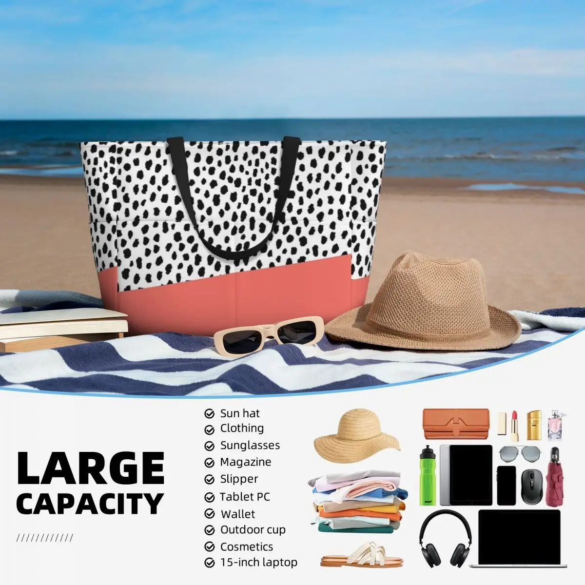 Dalmatian Spots With Coral Stripe Beach Travel Bag, Tote Bag Trendy Large Capacity Out Shoulder Bag Multi-Style Pattern