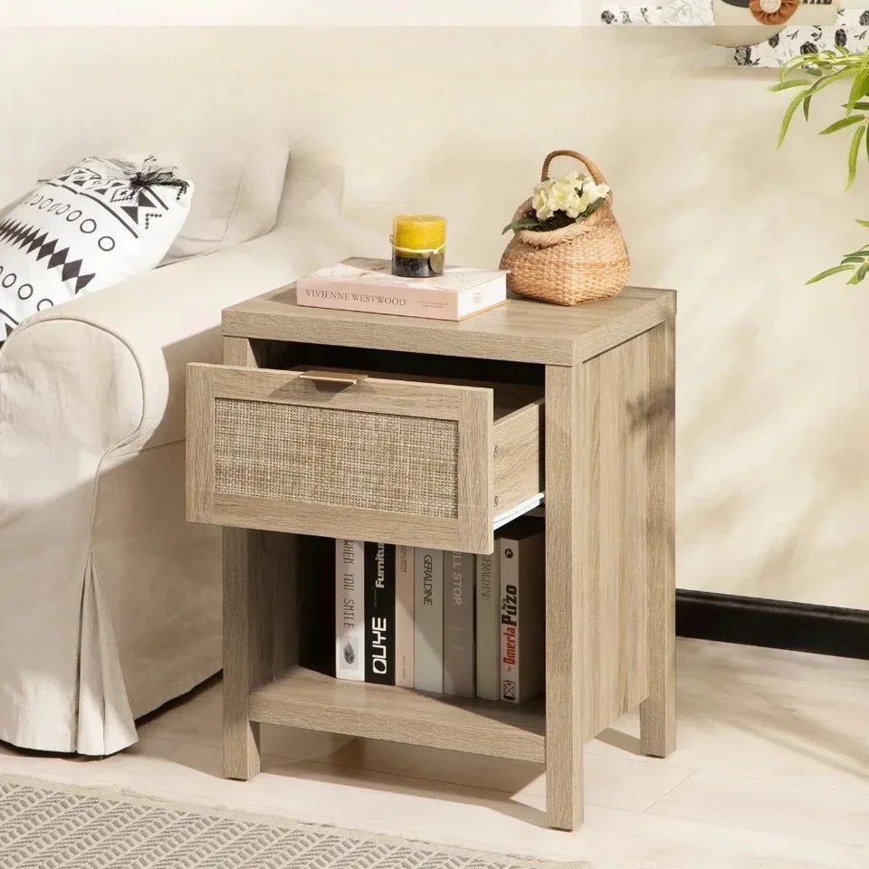 Rattan Nightstand Bedside Table with Drawer and Storage Shelf, Natural Boho Night Stand End Table Side Table, Nightstands