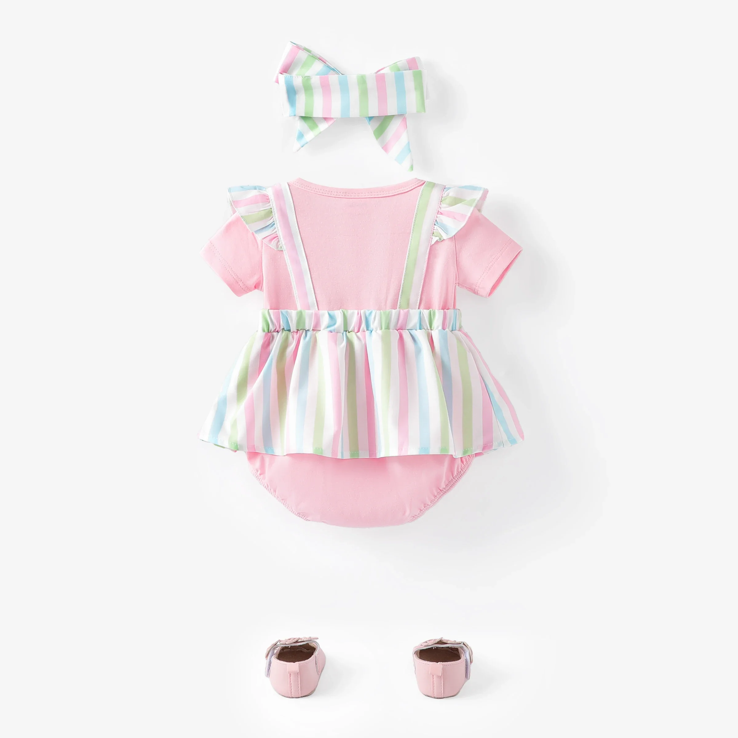 PatPat Baby Girl 2pcs 3D Bear Striped Print Romper and Headband Set Suitable for Summer Season Soft and Comfortable