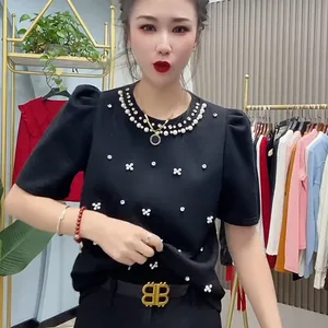 Cotton T -Shirt mit People's Pearling, Tops mit O -Colle, Kurzarm, Weiß, Monochrom, fein, koreanische Mode, Sommer, 2024 12 Hauptverkäufe von Branco Branco - №5