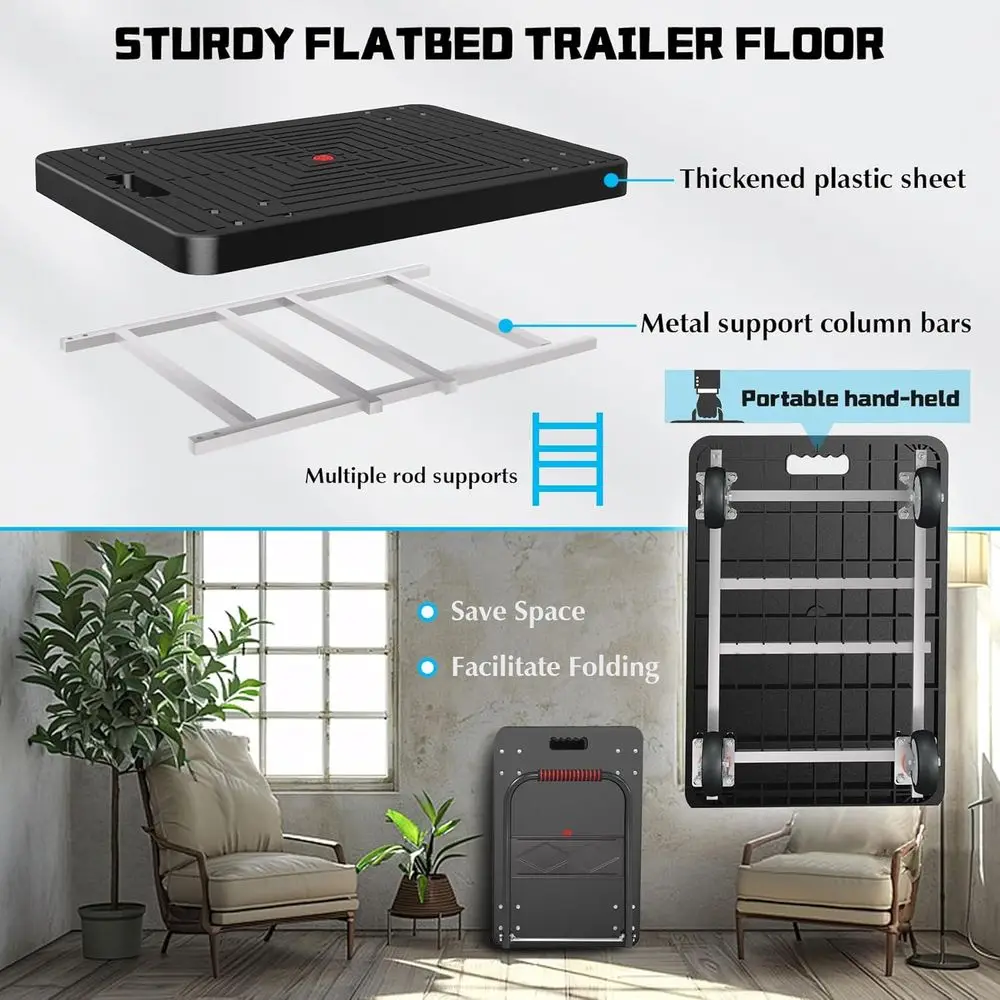 รถเข็นพับได้แบบหนักพร้อมล้อหมุน รับน้ำหนักได้ 1000 ปอนด์ ขนาด 34x22 นิ้ว สำหรับใช้ในบ้านและคลังสินค้า