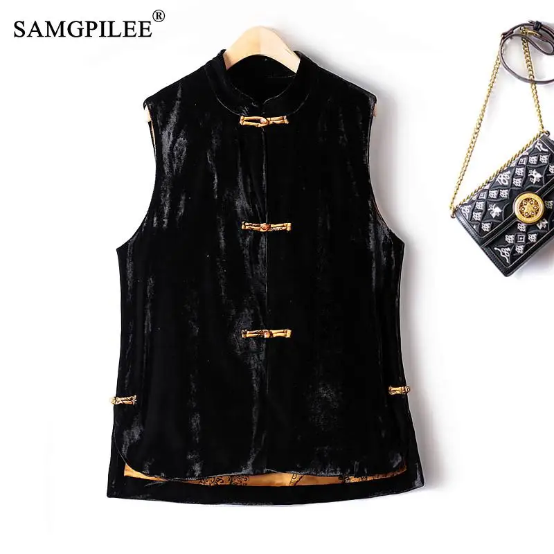 

Sleeveless Jackets woman 2022 Autumn Winter New Plate Button Stand Collar Gold Velvet Drape Tops Vest For Women 4XL