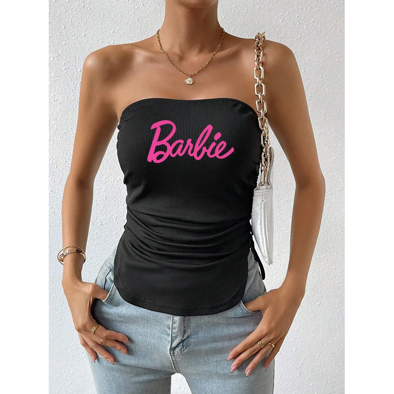 2024 New Barbie Fashion Y2K Girls Spring Summer Drawstring Short Tube Top Vest Sexy Kawaii Women Sleeveless Backless Streetwear