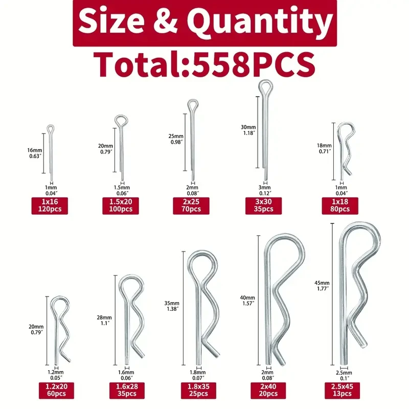 558Pcs Cotter Pin Assortment Kit, Galvanized Steel Cotter Pin Hook Fastener Accessories Assortment Kit, Multi-Size Cotter Pin R Clip Fastener Set, Suitable for Home or Car Use