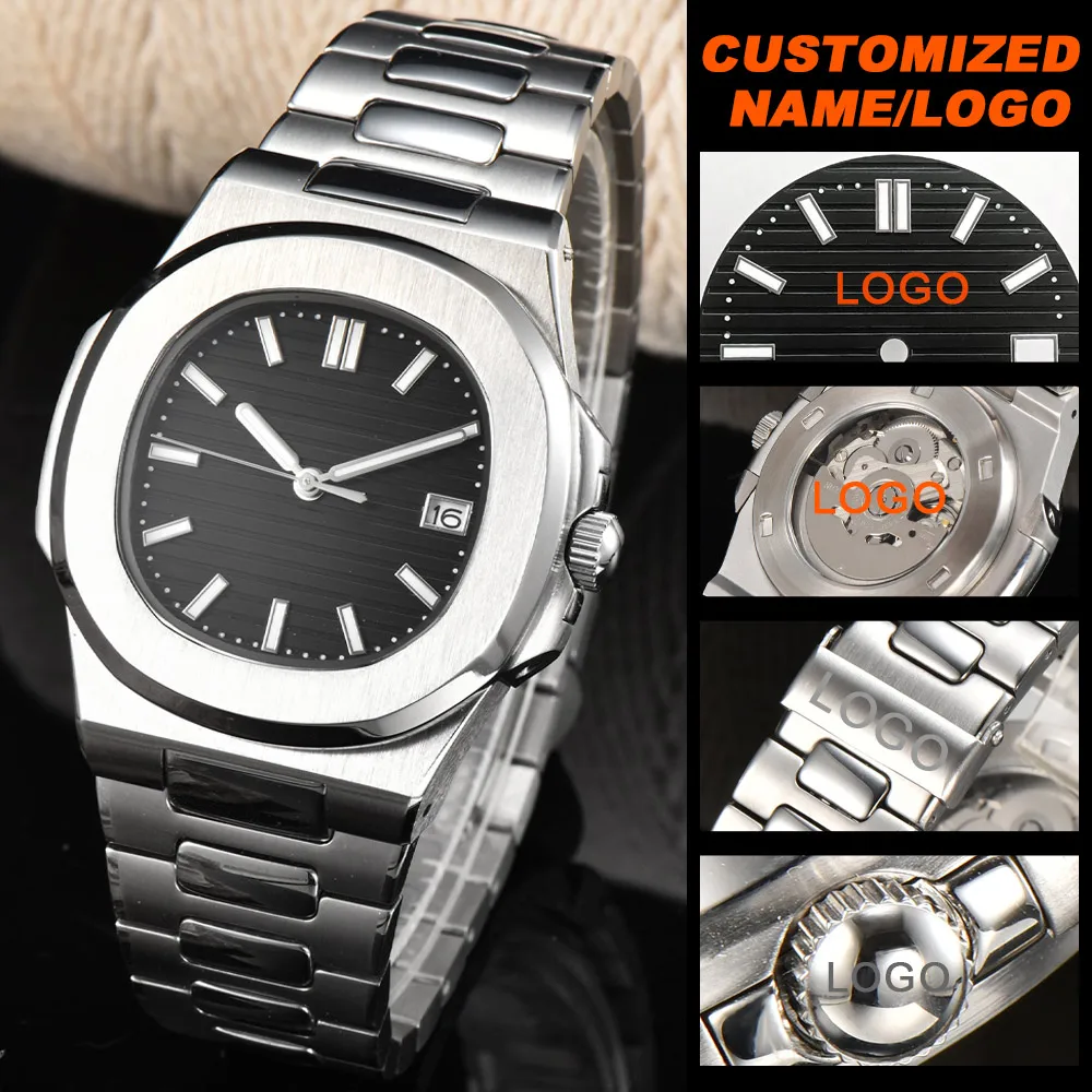 

Мужские механические часы из нержавеющей стали 42 мм, механизм NH35, сапфировое стекло, серебряные часы, водонепроницаемость 50 м, индивидуальная гравировка ИМЕНИ