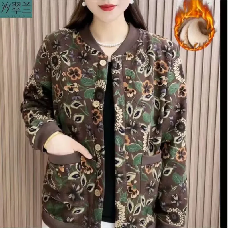 2024 Winter Vintage Art Fragmented Flower Plush Coat dla kobiet Luźny i smukły jednorzędowy zagęszczony nadruk do ciepłej odzieży wierzchniej