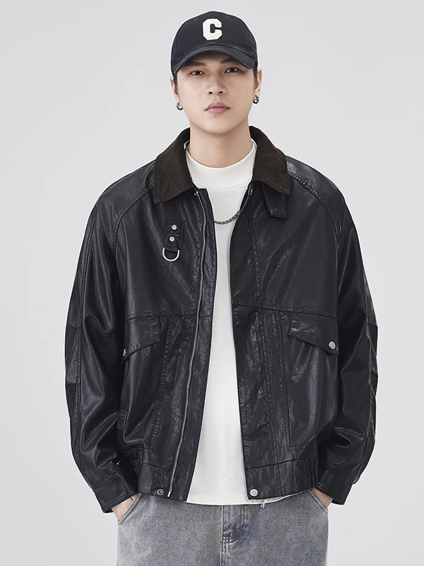 

Retro American Motorcycle PU Leather Jaet Men's Loose Faion Brand Turn-down Collar Workwear Flight Jaet Autumn New Sle