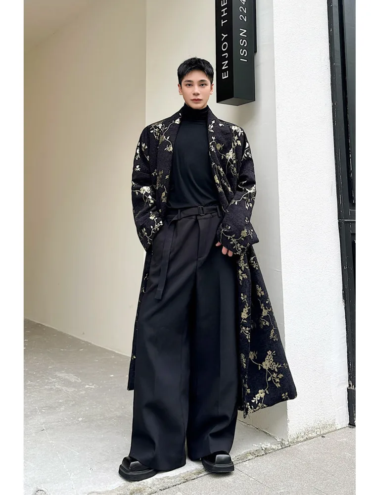 [OIMG] Medium To Long Lace Up Trench Coat With Chinese Floral Pattern, Long Silhouette Coat