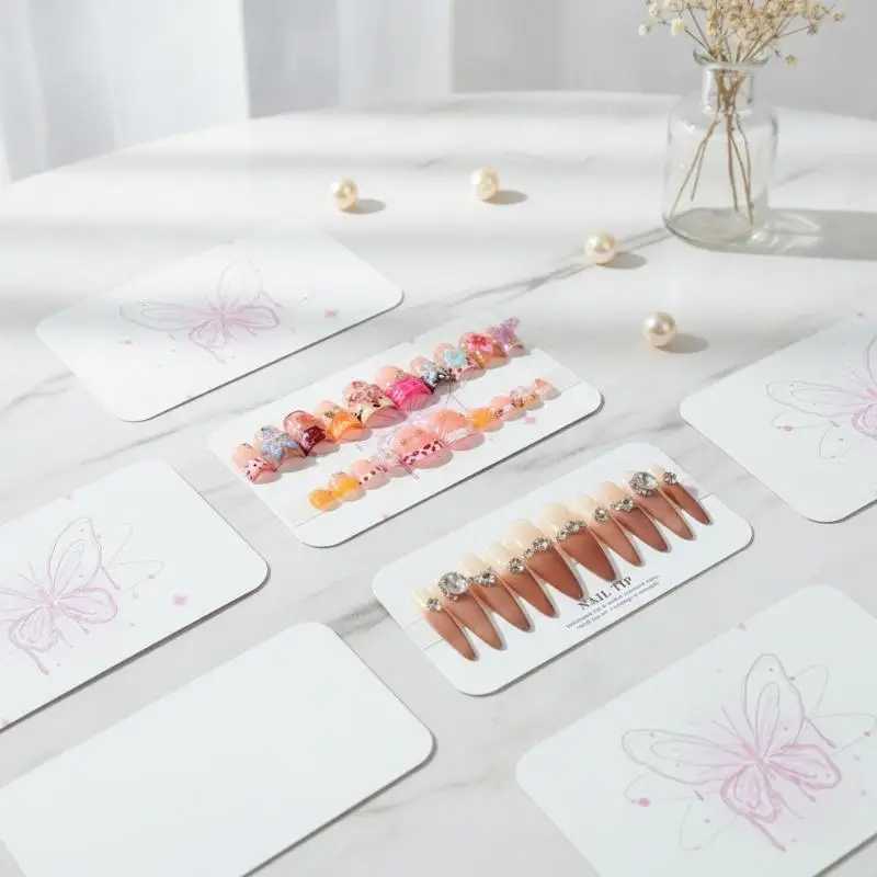 10Pcs Handmade False Nail Display Card, Press On Nails Packaging Bottom Cards Butterfly Embossing