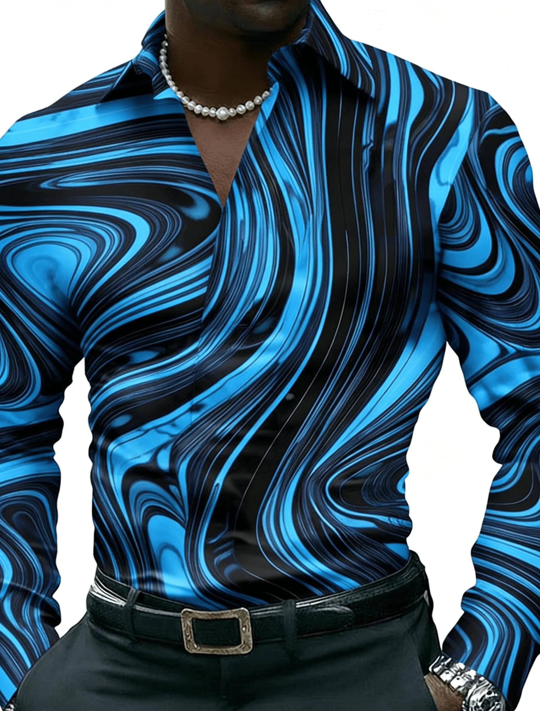 

Men's Marble Print Long Sleeve Dress Shirt Spring Summer Turn-Down Collar Button Up Casual Blouse
