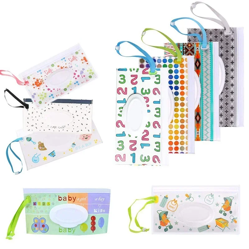 

Wet Wipes Bag with Easy-Carry Snap-Strap Useful Portable Cute Flip Cover Tissue Box Pouch Outdoor Stroller Accessories