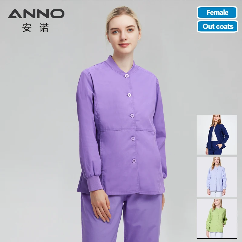 ANNO Long Sleeves Scrubs Jacket Outfit Nurse Unifrom Out Coat Doctor Shirt Out Wear Women Men Nursing Top Hospital Clothing